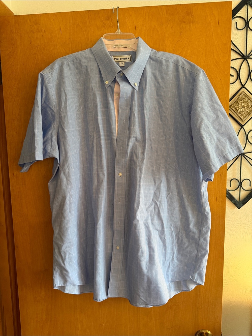 Paul Fredrick Light Blue and Pink Plaid Short-Sleeve Button-Down Shirt
